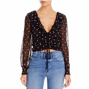 WAYF Black Sheer Floral Print Ruffle Ruched Tie Front Long Sleeve Blouse Size S